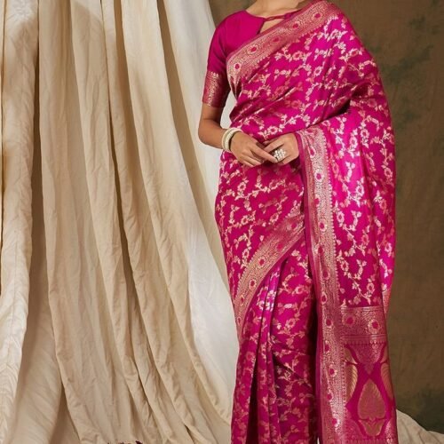 Pink Woven Floral Work Banarasi Silk Saree Set