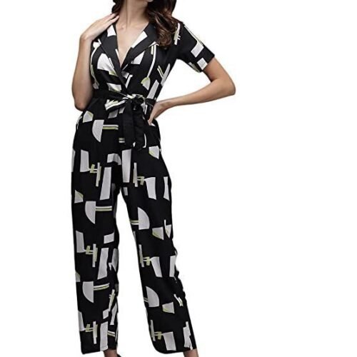 Women Solid Black Lycra Blend Casual Regular Jumpsuit