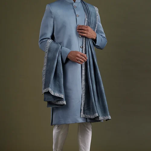 Steel Blue Scuba Satin Sherwani Set