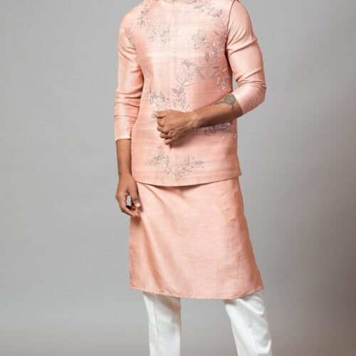 Onion Pink Embroidered Nehru Jacket With Kurta Set