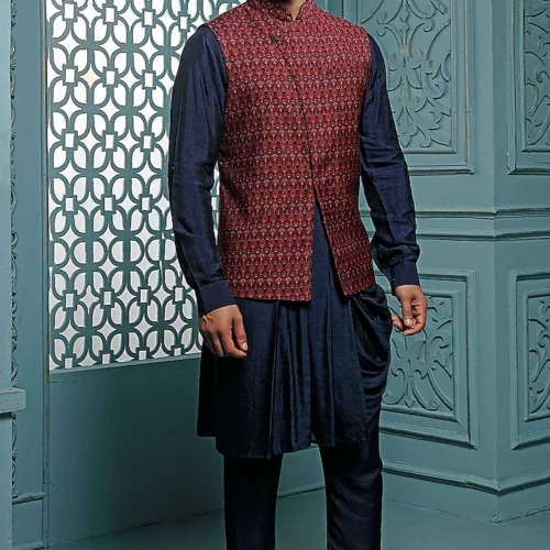 Mauve Printed Bundi Jacket Set With Kurta Set