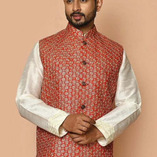 Embroidered Cotton Nehru Jacket in Red