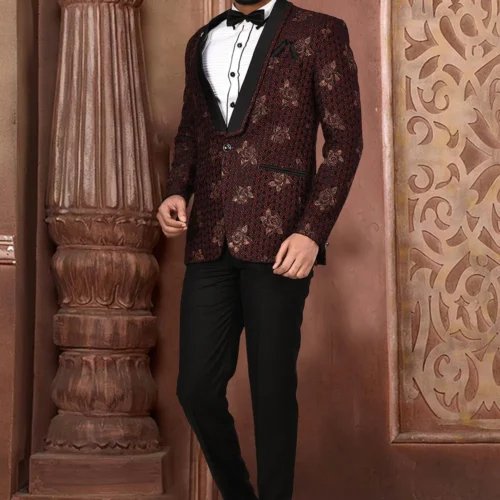 Golden Printed Polyester Lycra Tuxedo in Black and Maroon