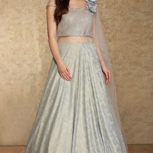 Light Grey Applique Embroidered Silk Evening Gown