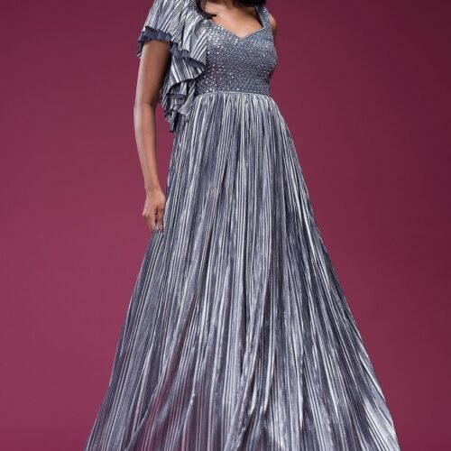 Grey Mirror Embroidered Silk Evening Gown