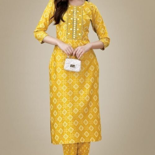 Yellow Color Rayon Rayon Fabric Readymade Kurti With Pant