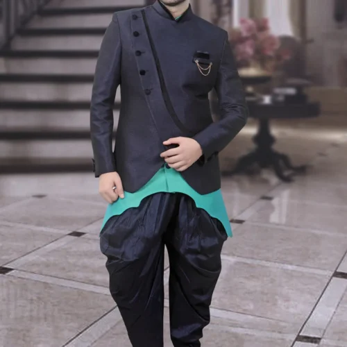 Jodhpuri Style Art Silk Bandhgala in Turquoise