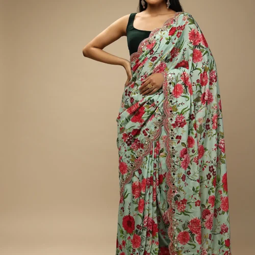 Mint Saree In Cotton Silk With Contrasting Floral Print And Gotta Embroidered Scallop Border
