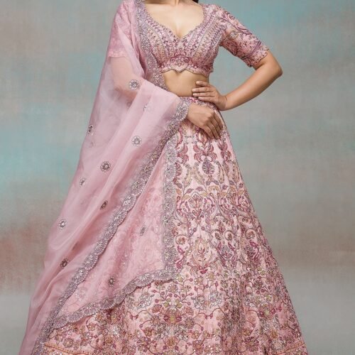 Peach Mirror Embroidered Raw Silk Bridesmaid Lehenga