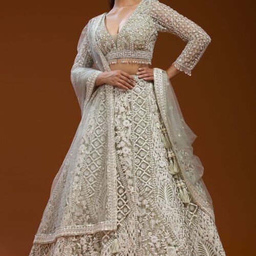 Light Grey Sequins Embroidered Net Sangeet Lehenga