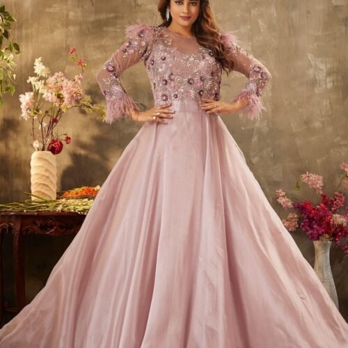 Bridal Rose Pink Sequins Embroidered Shimmer Organza Cocktail Gown