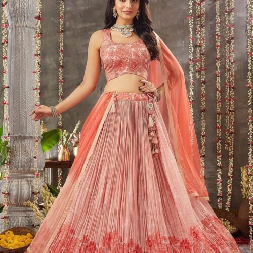 Peach Pearl Sequins Embroidered Crepe Party Wear Lehenga