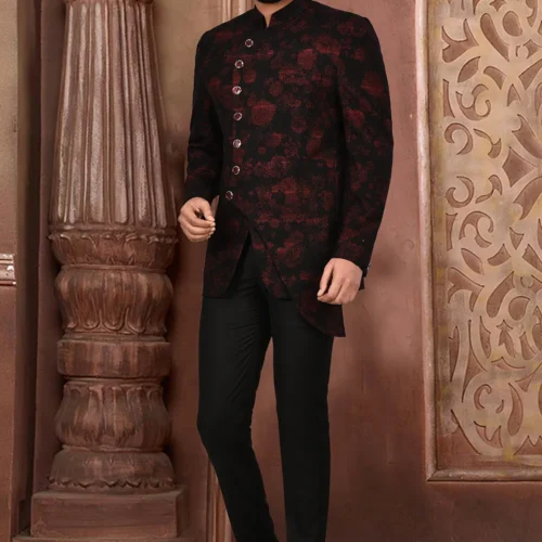 Printed Acrylic Cotton Suit Set in Maroon and Black