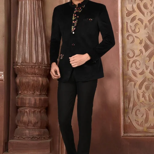 Printed Velvet Suit Set in Black