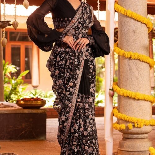 Black Sequins Embroidered Party Wear Net Saree