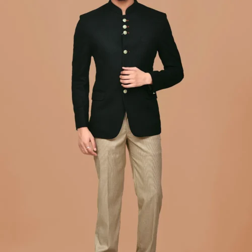 Textured Polyester Jacquard Jodhpuri Suit in Black
