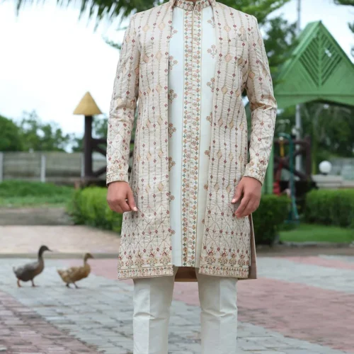 Woven Art Silk Jacket Style Sherwani in Off White