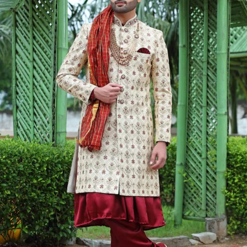 Woven Art Silk Sherwani in Cream