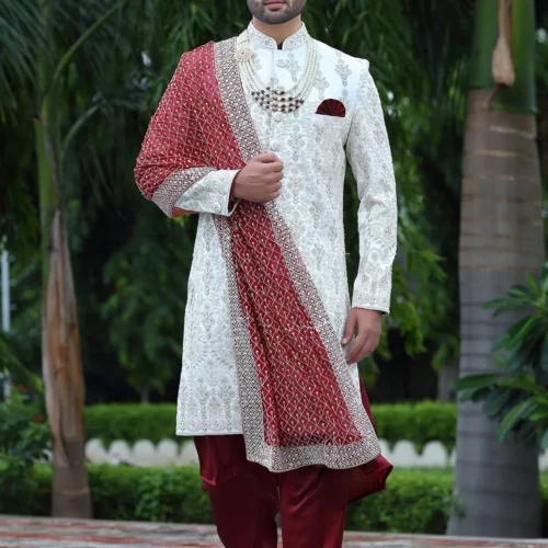 Woven Art Silk Sherwani in Off White