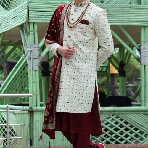 Woven Art Silk Sherwani in Off White